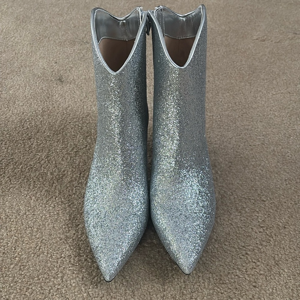 Silver Shimmering Heeled Boots with Pointed Toe